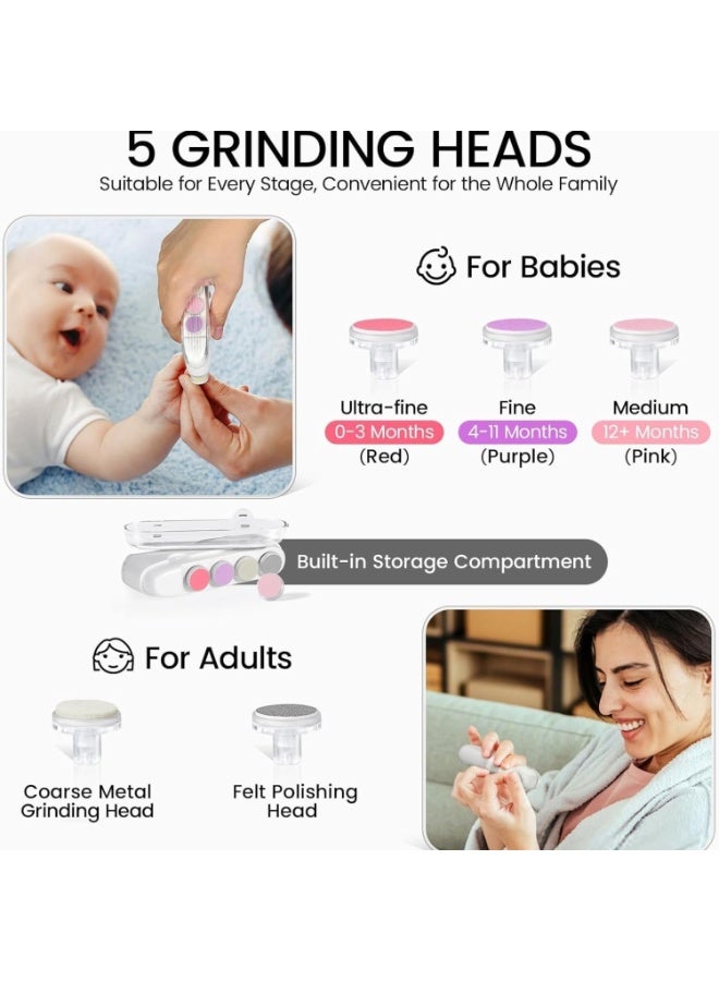 Electric Baby Nail File Drill with LED Light – Safe & Quiet Baby Nail Trimmer Kit with 5 Grinding Heads – Rechargeable 2-Speed Electric Nail Grinder for Newborns, Infants, Toddlers, Kids & Adults – Pain-Free Nail Care with No Sharp Claws or Cuts - Image 2
